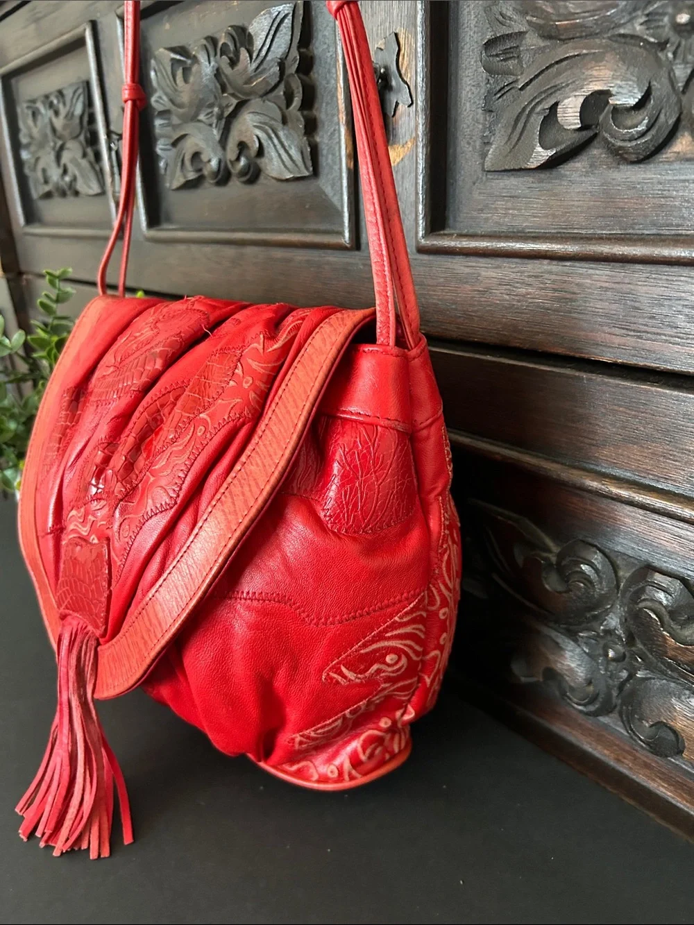 Viva of California Vintage Red Leather Fringe Shoulder Bag with Embossed Detail